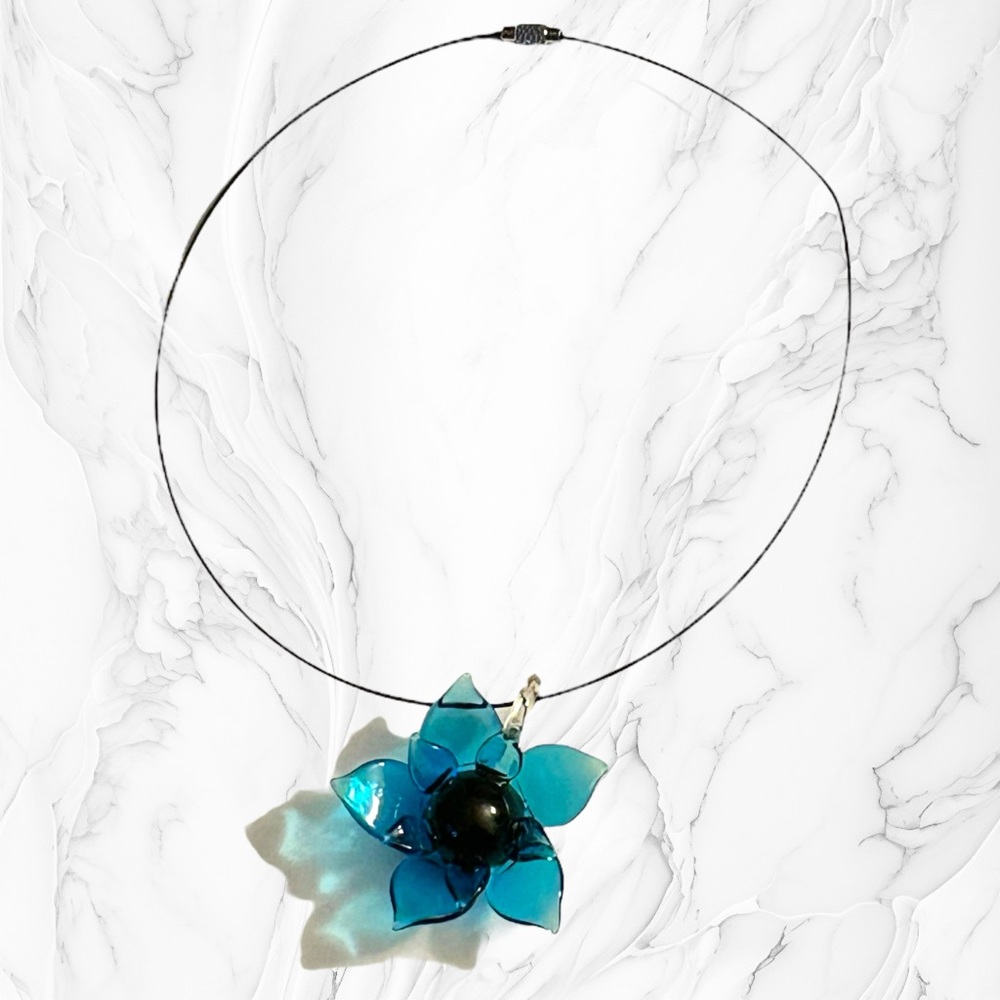 Handmade Necklace Lotus Flower Blue Aqua Glass Statement Piece New - Picture 4 of 9